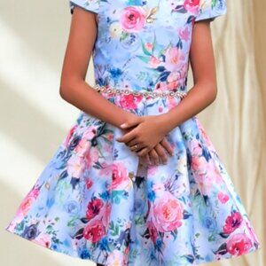 Rare Editions Floral Dressy Dress with Crystal Studded Waist Size 10